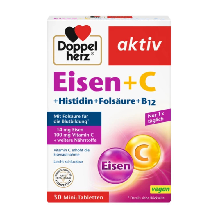 آهن + ویتامین C + هیستیدن + اسید فولیک داپل هرز اکتیو Doppel Herz Aktiv (30 عددی)